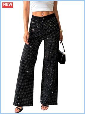 High Waist Rhinestone Sequin Wide Leg Flare Stretch Jeans Womens Party Denim